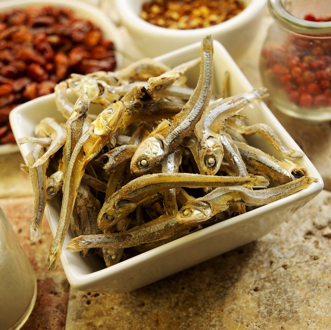 Bowl of Dried Anchovies; Dried Peppers and Peppercorns