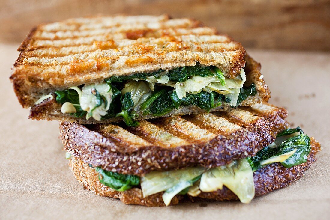 Halved and Stacked Spinach Artichoke Panini