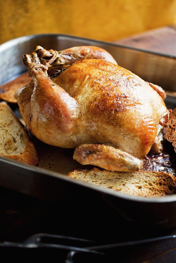 Whole Roasted Chicken in Baking Pan with Bread