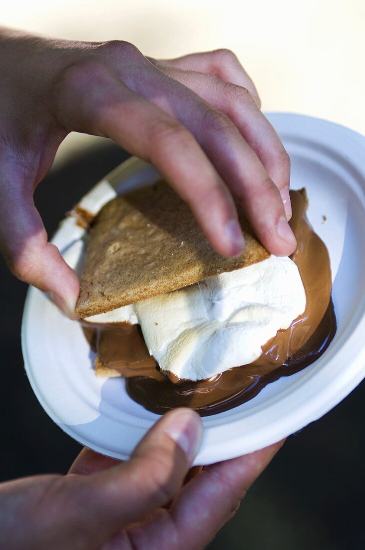 Hand legt Cracker auf S'more