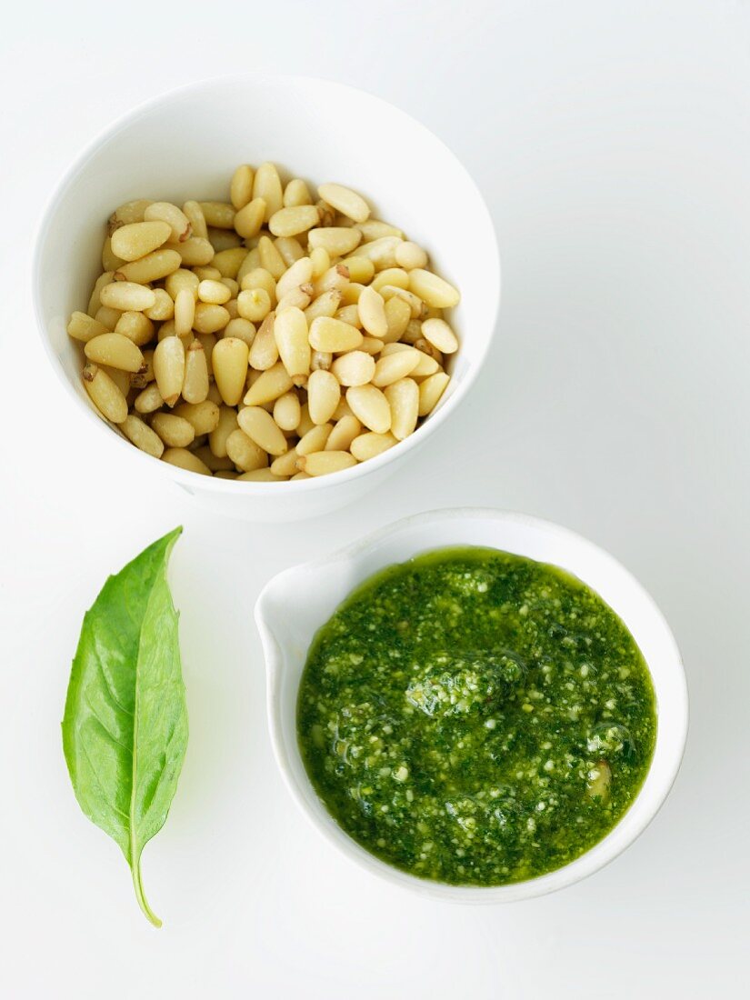Bowl of Pesto; Bowl of Pine Nuts; Basil Leaf