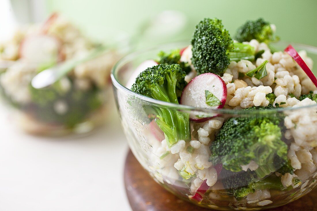 Barley and Broccoli Salad in a Glass Bowl