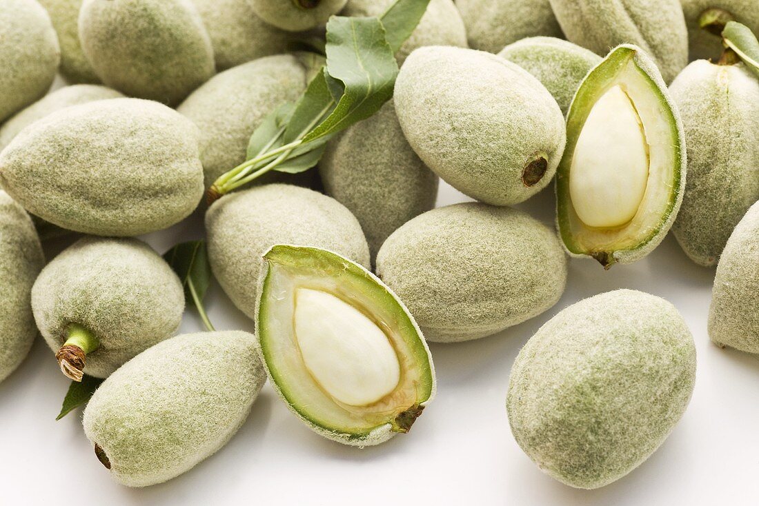 Many Raw Green Unripe Almonds