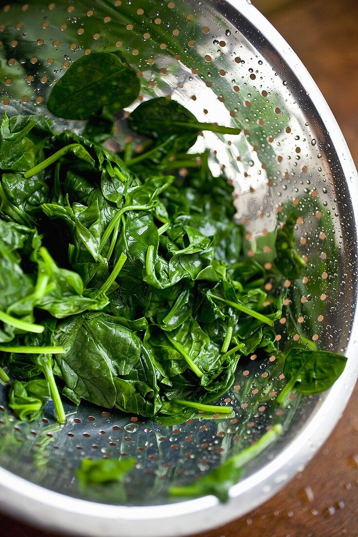 Blanched Spinach in a Colander