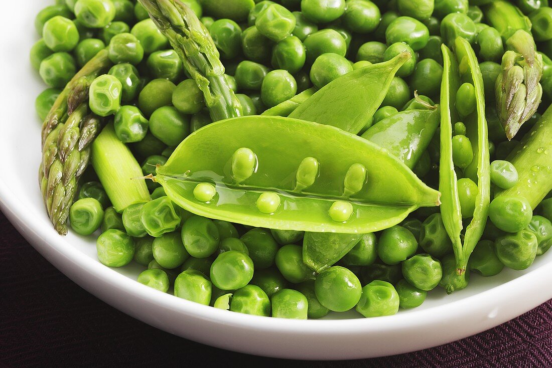 Peas, Pea Pods and Asparagus in a Bowl