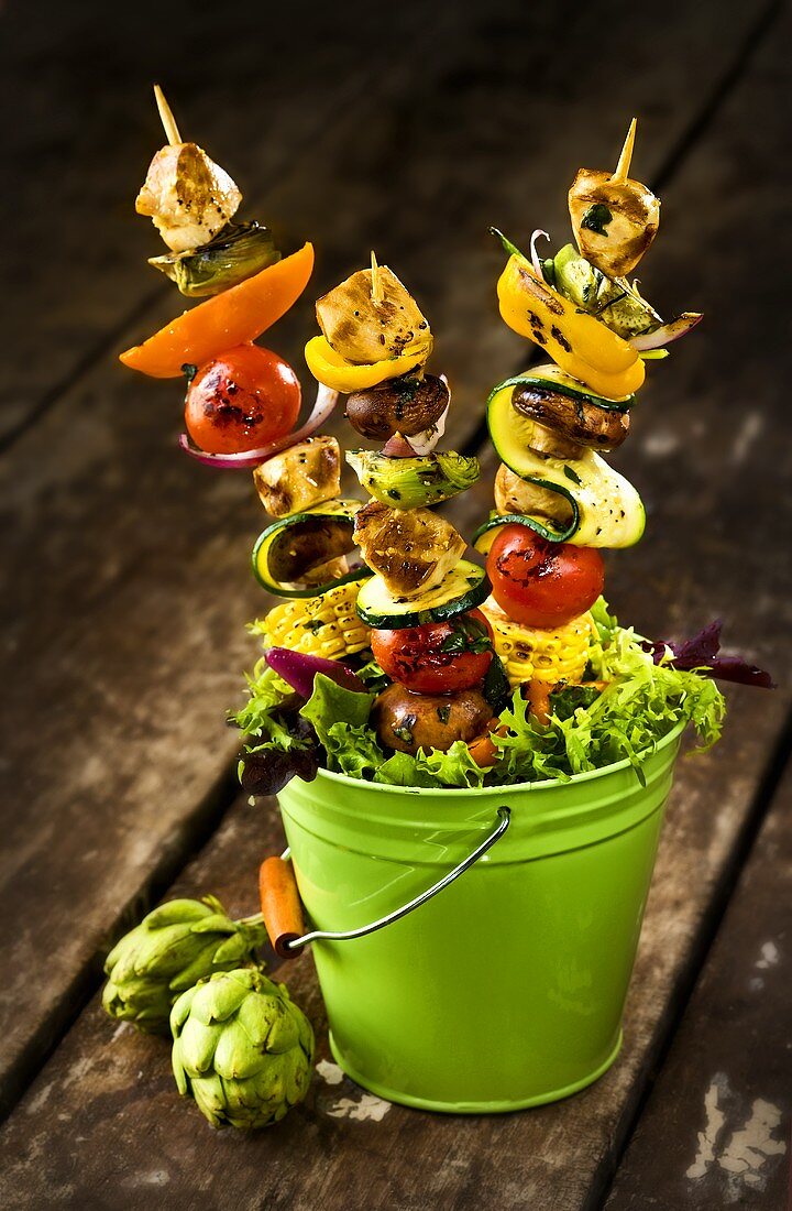 Chicken and Vegetable Kabobs in a Pail; Artichokes