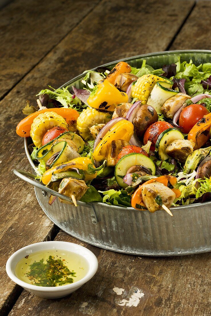 Chicken and Vegetable Kabobs on a Bed of Spring Greens; Marinade