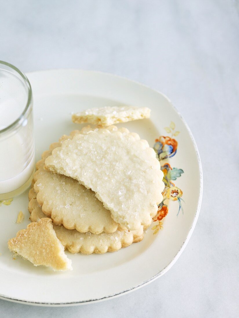 Butter Cookies on a Plate with a Glass of Milk