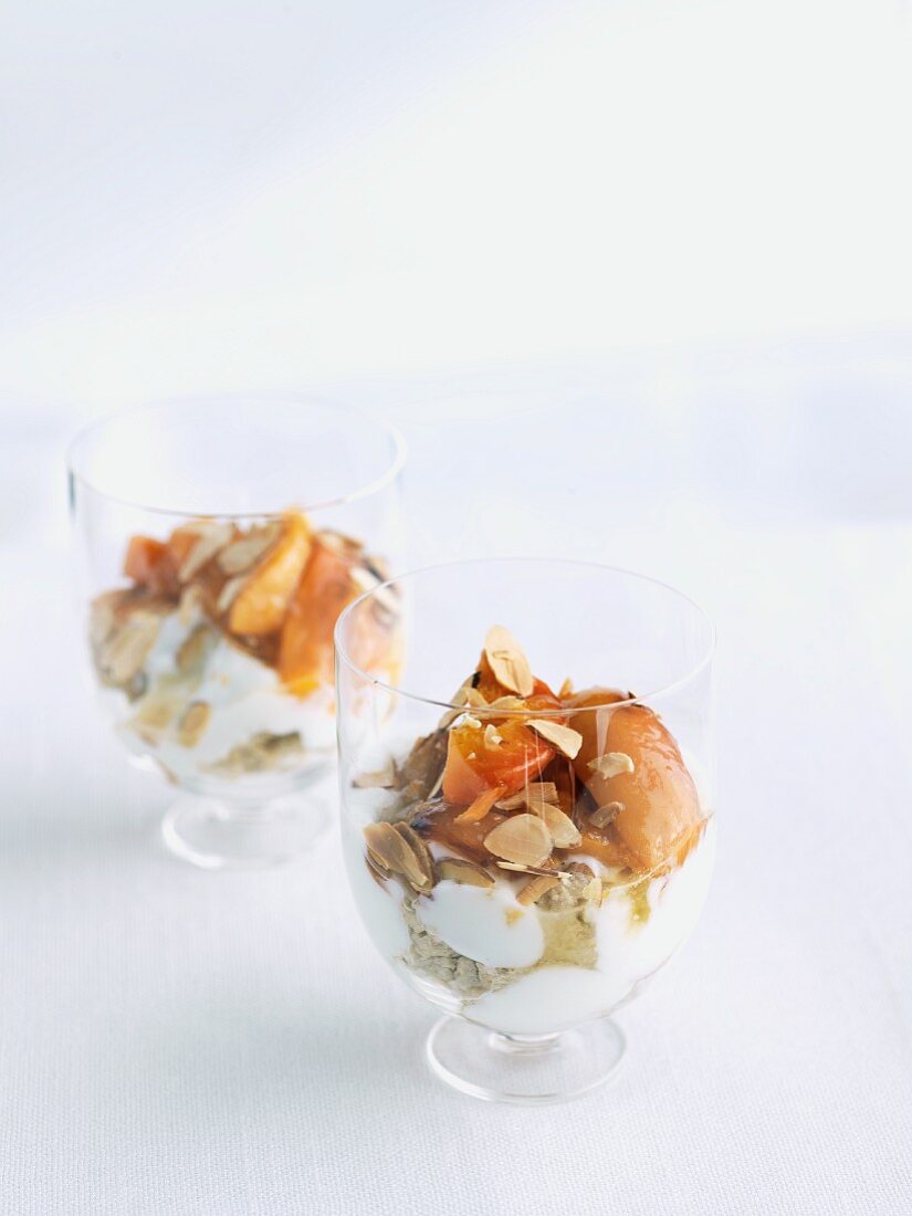 Two Parfaits with Baked Apricots and Toasted Almonds