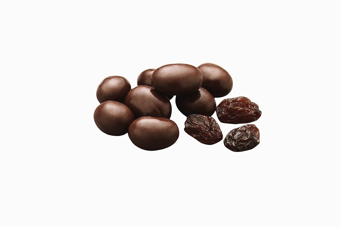 Dark Chocolate Covered Raisins; Raisins; White Background