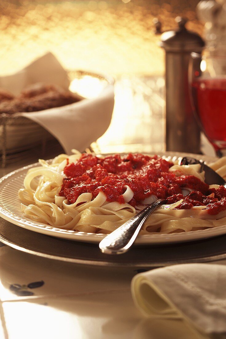 Ribbon pasta with tomato sauce