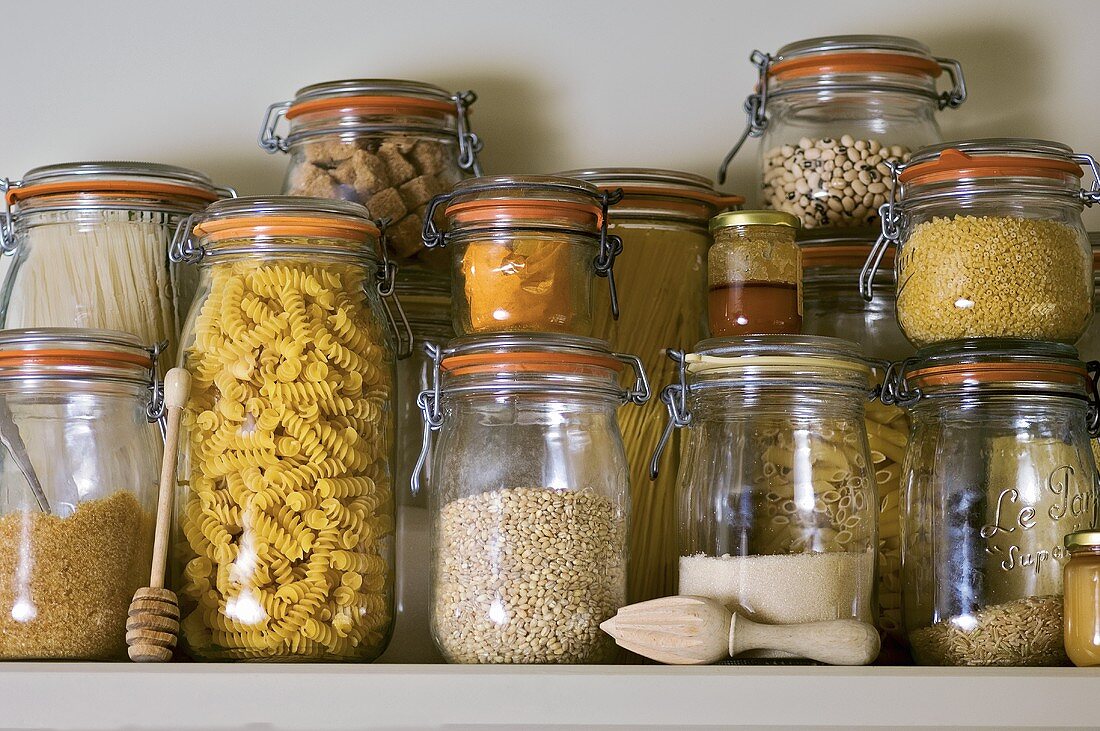 Dry Goods Stored on a Shelf in Glass Jars