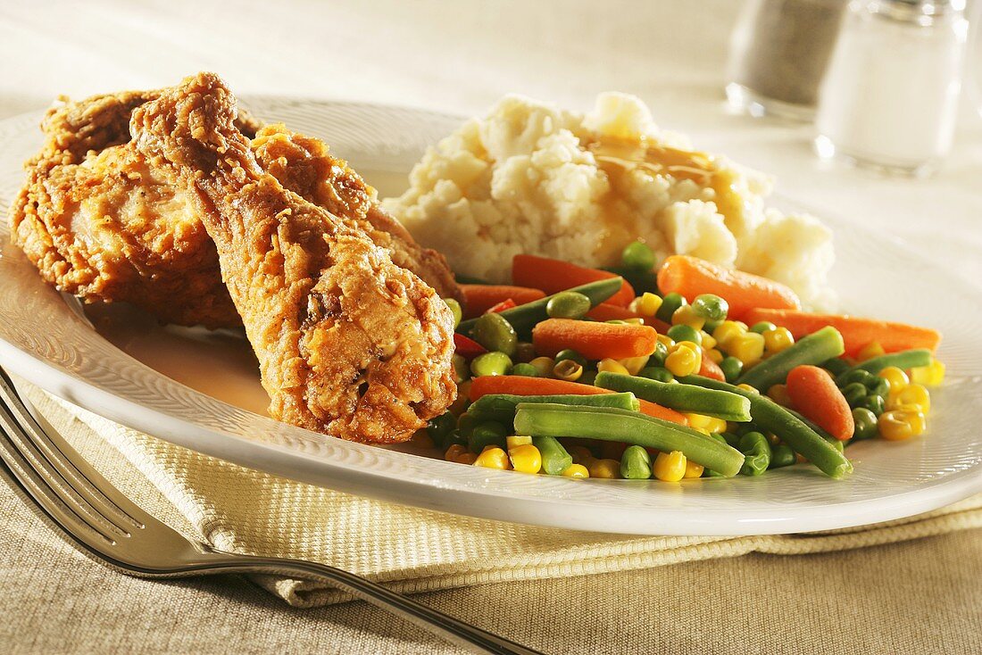 Fried Chicken with Mixed Veggies and Mashed Potatoes