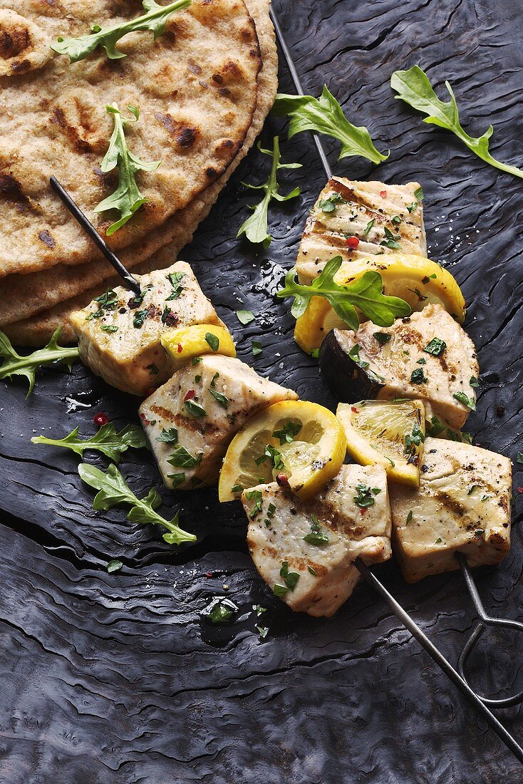 Swordfish and Lemon Skewers; Pita Bread