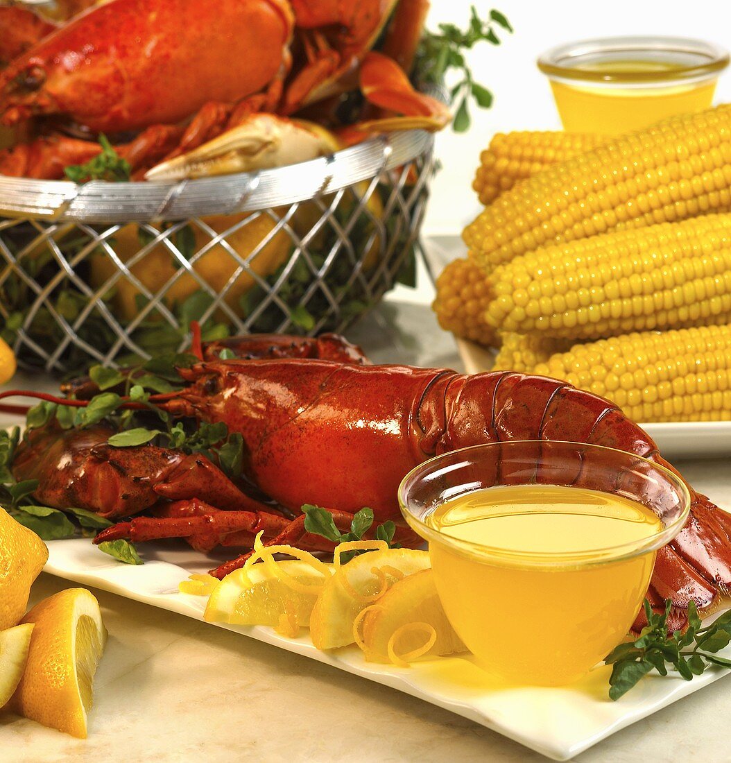 Boiled Lobster with Clarified Butter; Corn on the Cob