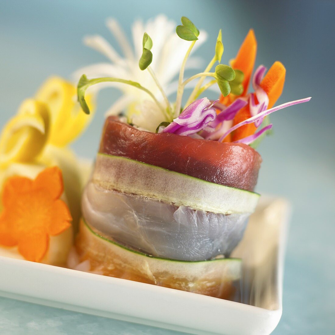 Layered Sushi Roll with Sprouts, Carrots and Cabbage