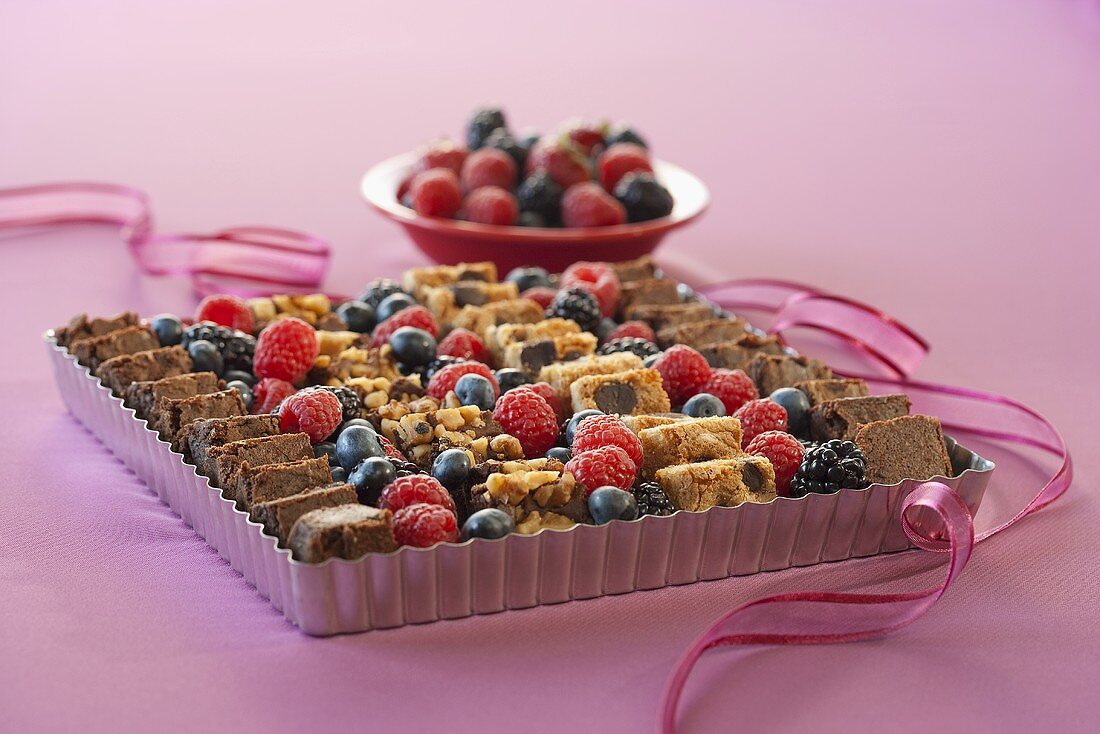Brownie and Fruit Platter with Pink Ribbon