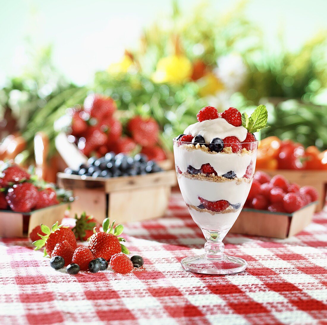 Layered Yogurt and Berry Parfait; Fresh Assorted Berries