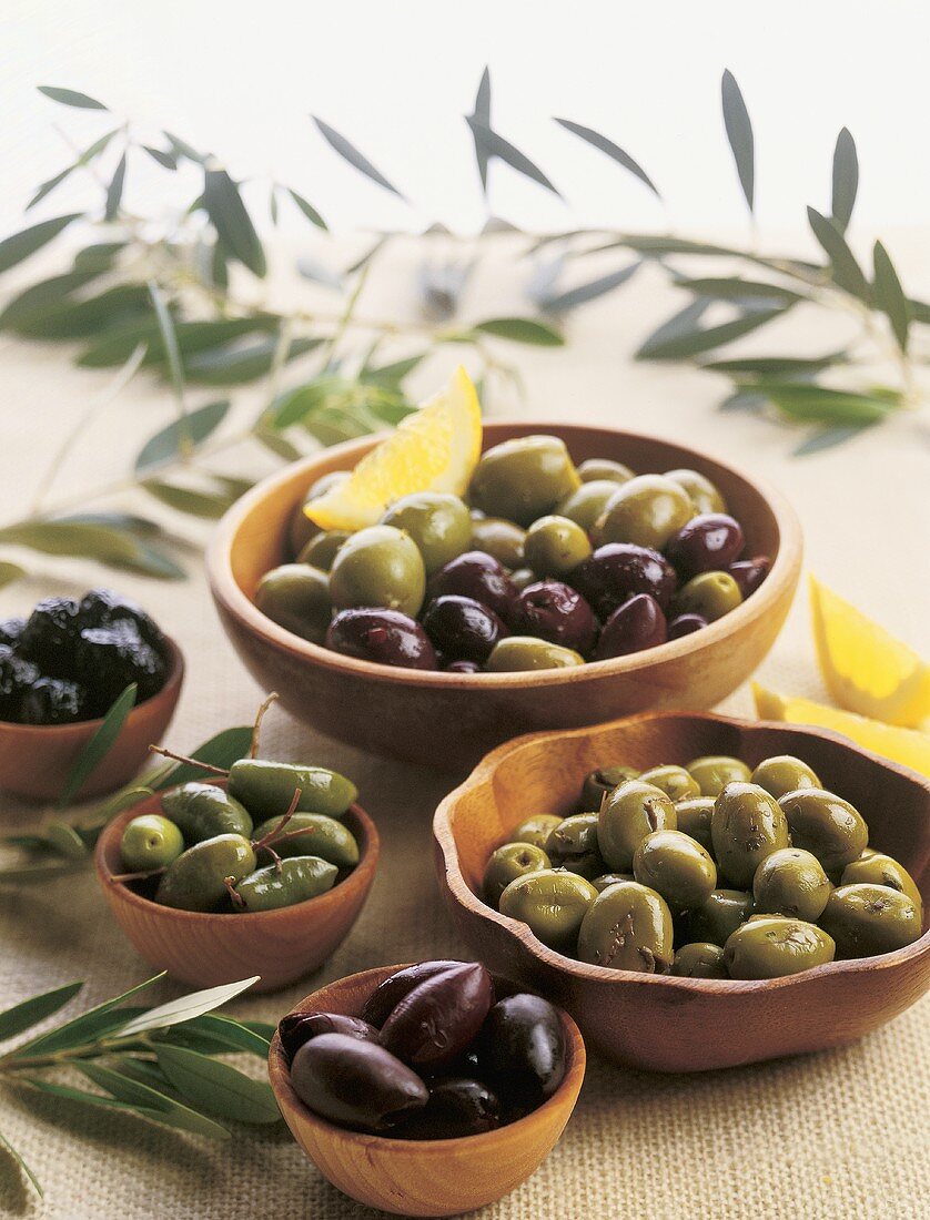 Verschiedene Oliven in kleinen Schälchen