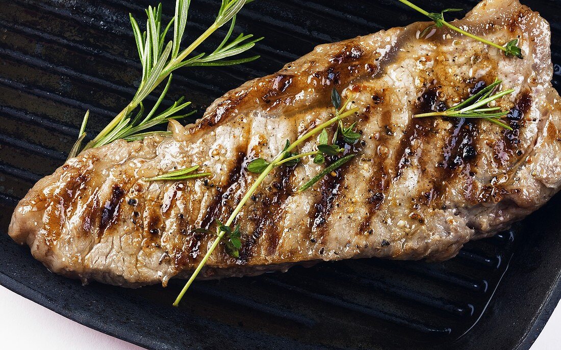 Grilled Steak in Grill Pan with Rosemary
