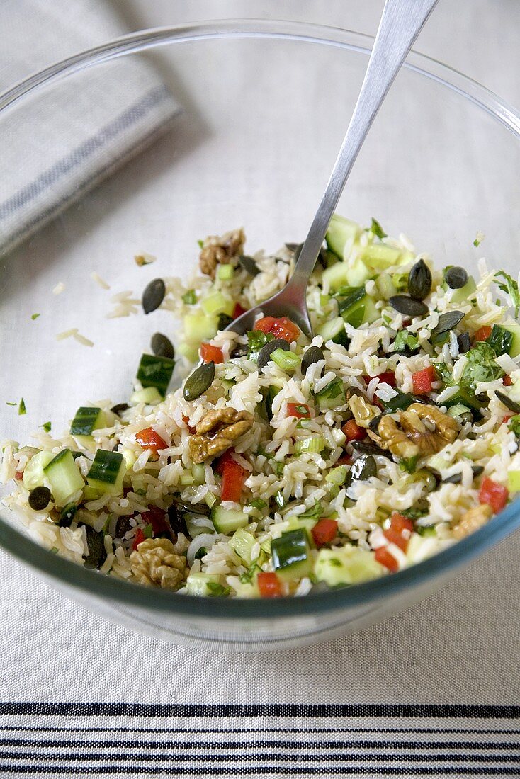 Rice Salad in a Glass Bowl