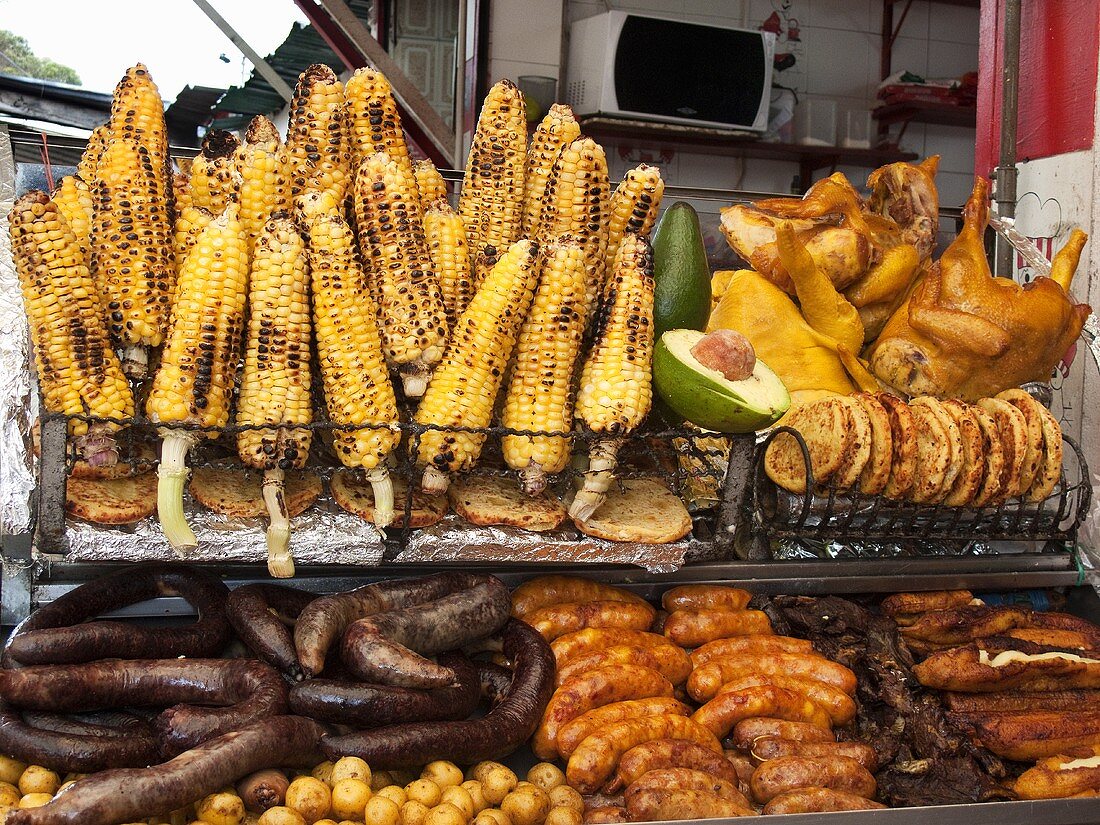Food Cart in Bogota Colombia; Roasted Corn, Avocado,Chorizo, Plantains, Potatoes and Chicken