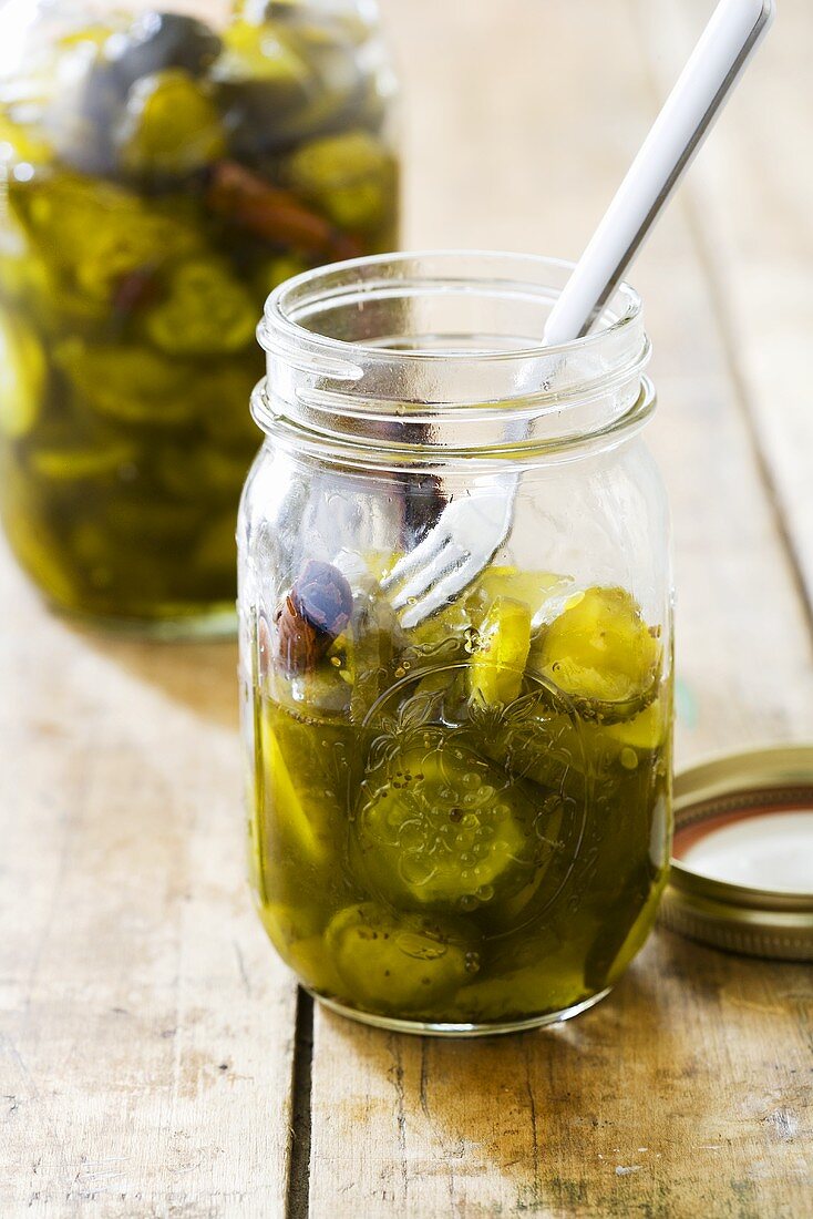 Jar of Homemade Pickles; Open with Fork