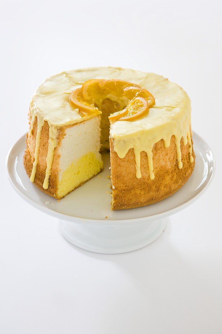 Daffodil Cake; Orange Flavored Angel Food Cake with Slice Removed