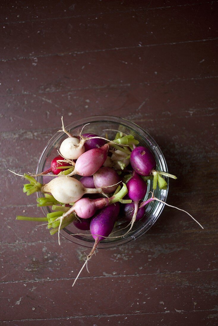 A Variety of Radishes in a Bowl; From Above