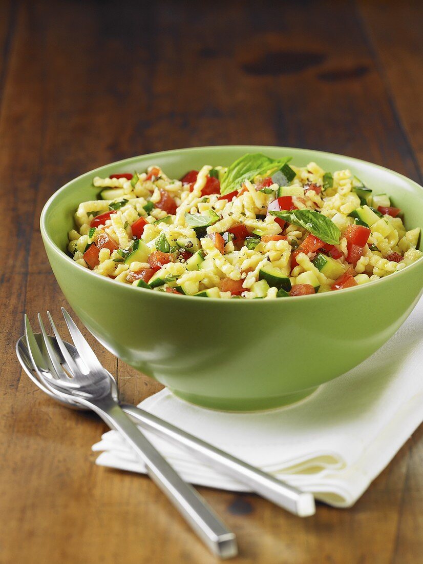 Sesame Spatzle Salad with Zucchini and Red Pepper; In a Bowl