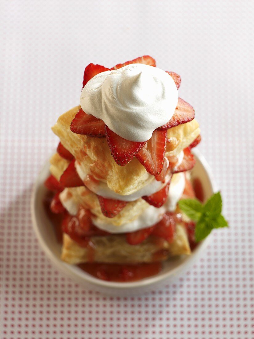Tall Strawberry Shortcake in a White Bowl