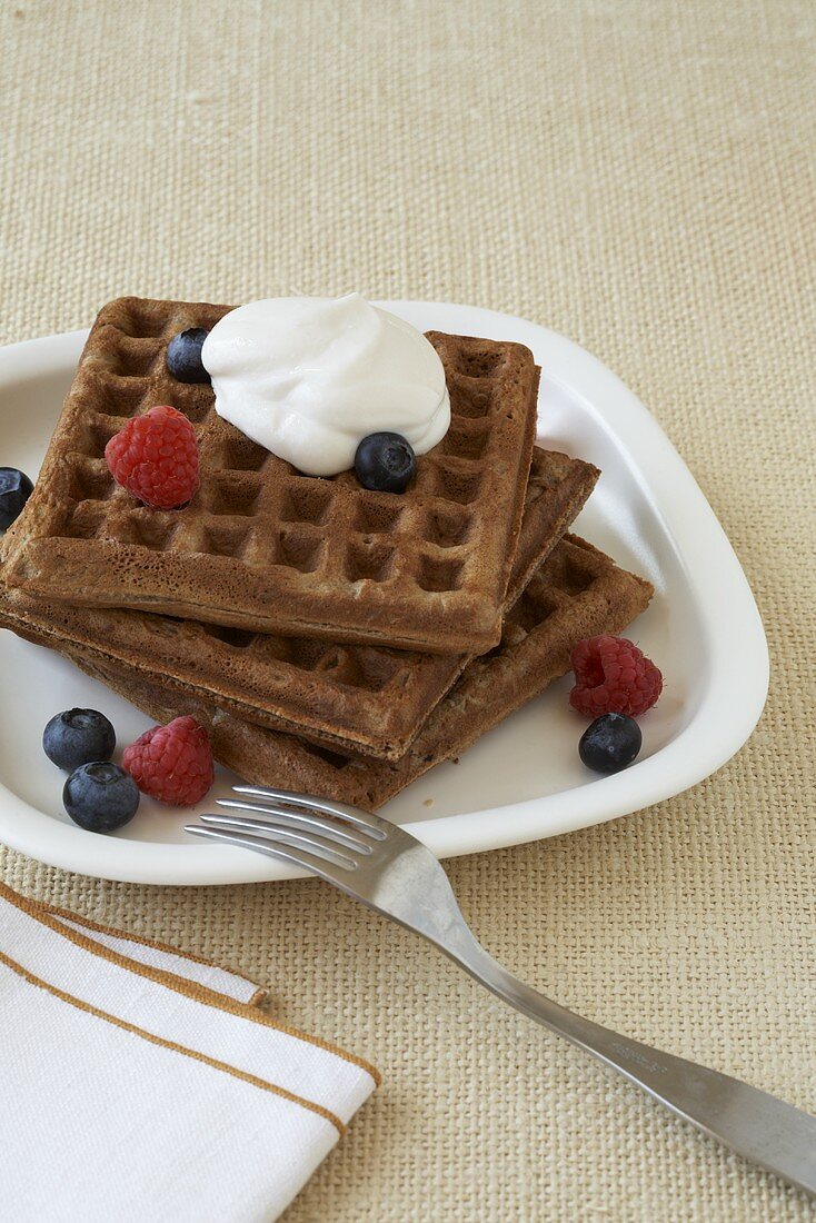Chocolate Waffles Topped with Yogurt and Berries
