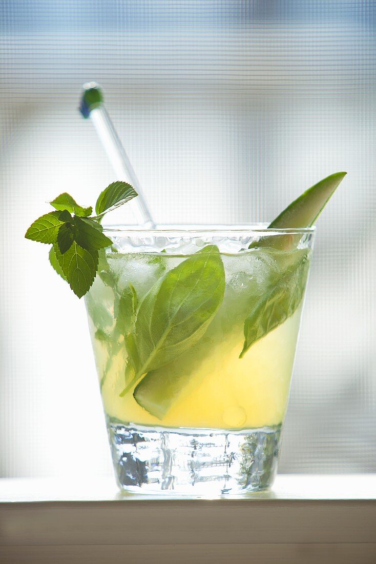 Glass of Iced Tea with Fresh Herbs and Cucumber Spear