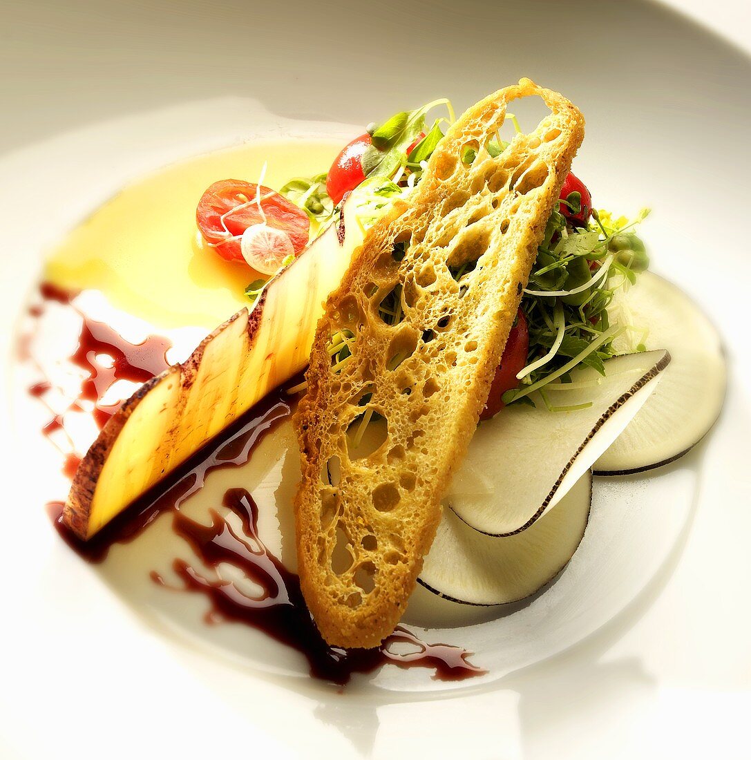 Salad of Field Greens with Beets, Bread and Cheese Drizzled with Balsamic Reduction