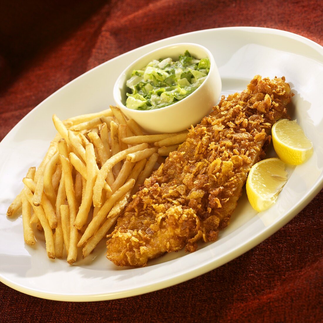 Cornflake Coated Fish Fillet with Fries and Cole Slaw; Lemon Wedges