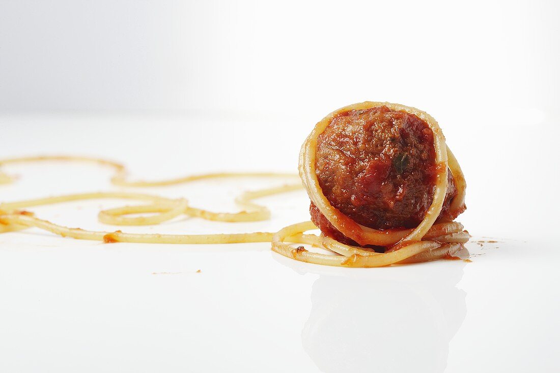 Meatball with a Piece of Spaghetti and Tomato Sauce