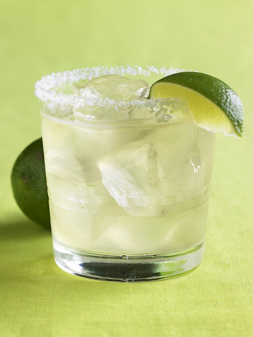 Margarita in a Glass with Salted Rim and Lime Wedge