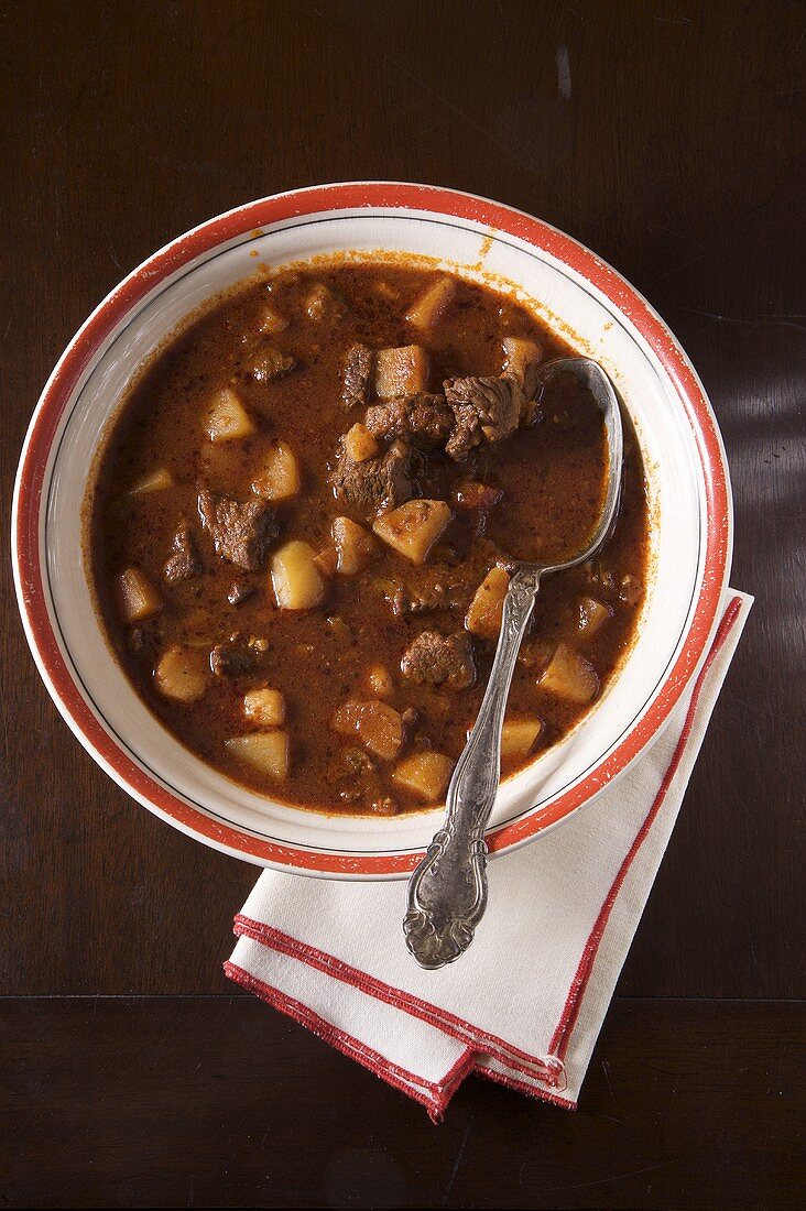 Bowl of Hungarian Beef Goulash Made with Paprika; From Above; With Spoon