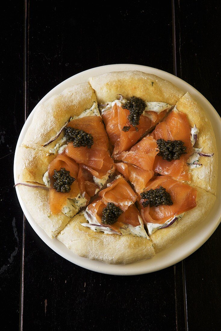 Smoked Salmon Pizza with Caviar; Sliced