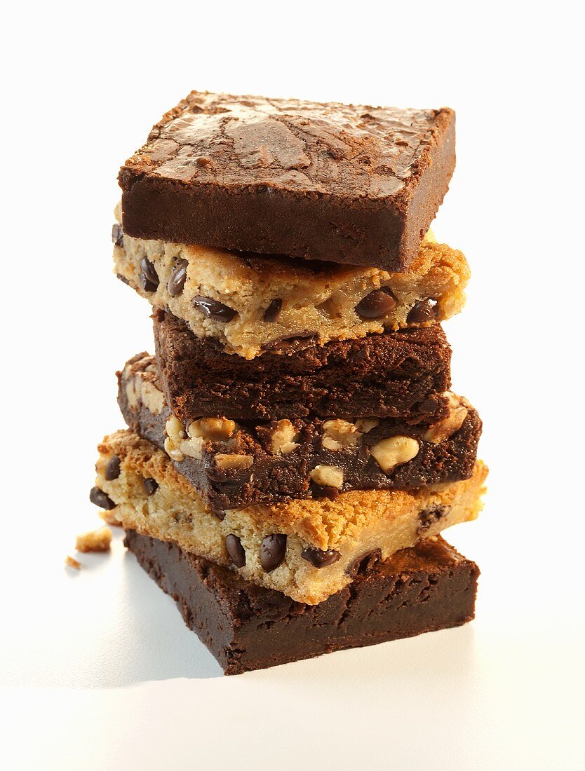 Chocolate Brownie, Chocolate Nut Brownies and Blonde Brownies Stacked; White Background