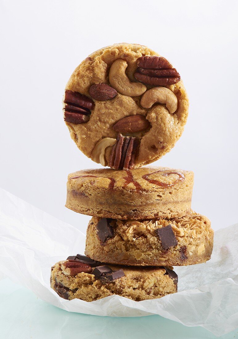 Assortment of Blondies; Nut, Strawberry Swirl, Chocolate and Coconut; Stacked
