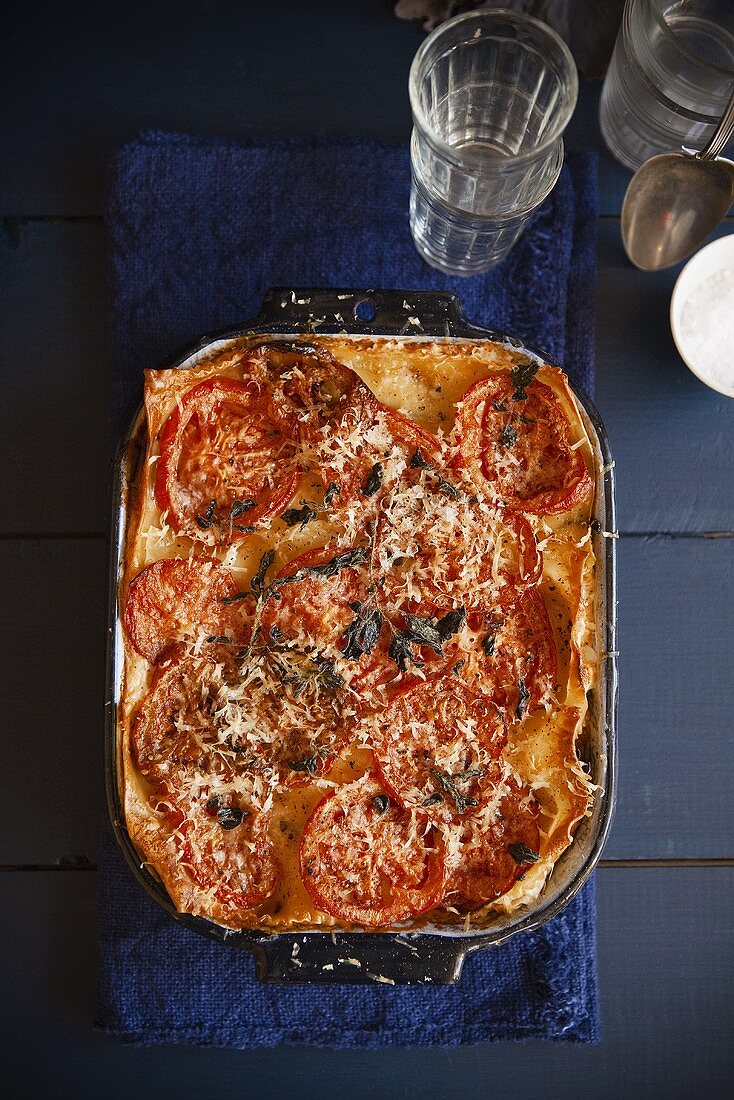 Vegetable Lasagna in Baking Dish; From Above