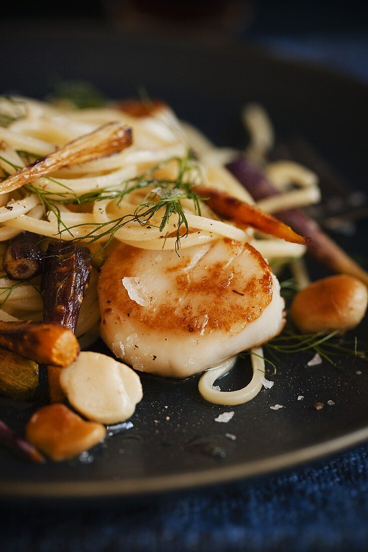 Pasta with Macadamia Nuts, Scallops and Carrots