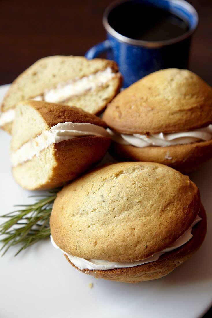 Rosemary Whoopie Pies on a Plate; Whole and Halved; Coffee