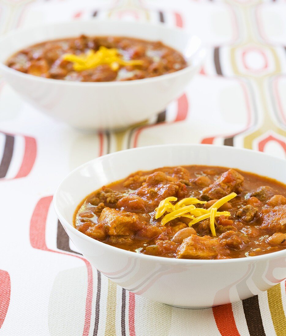 Two Bowls of Hollywood Chili made with Ground Peef and Pinto Beans