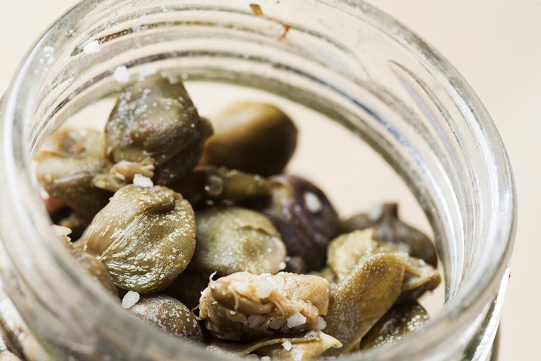 Salted Capers in an Open Jar; From Above