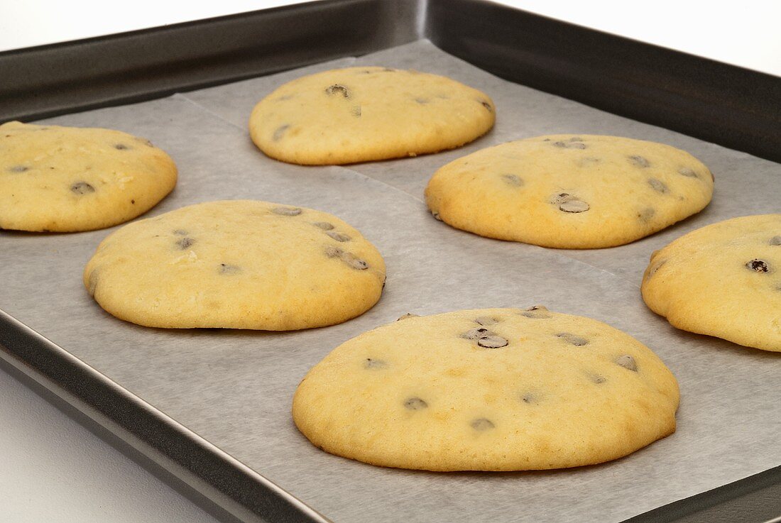 Chocolate Chip Whoopie Pie Shells on Baking Sheet