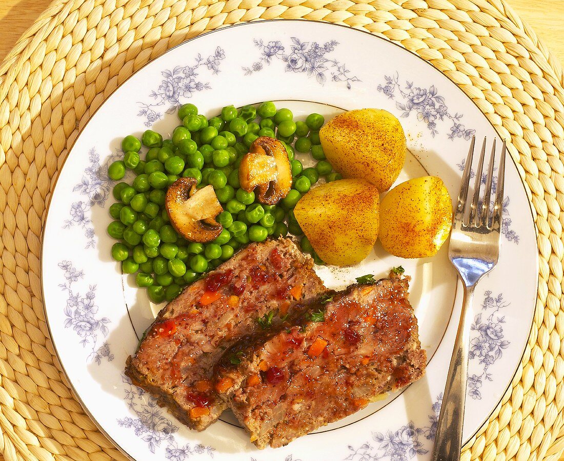 Venison Meatloaf Dinner with Peas and Paprika Potatoes