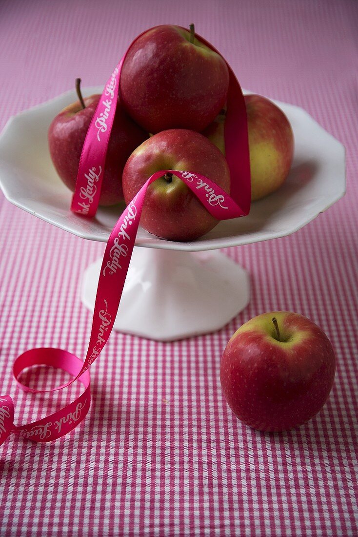Pink Lady Apples on Pedestal Dish with Ribbon
