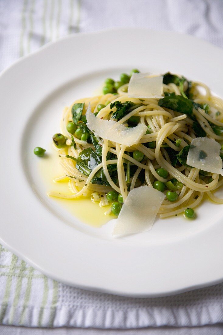 Spaghetti with Peas and Watercress; Shaved Parmesan